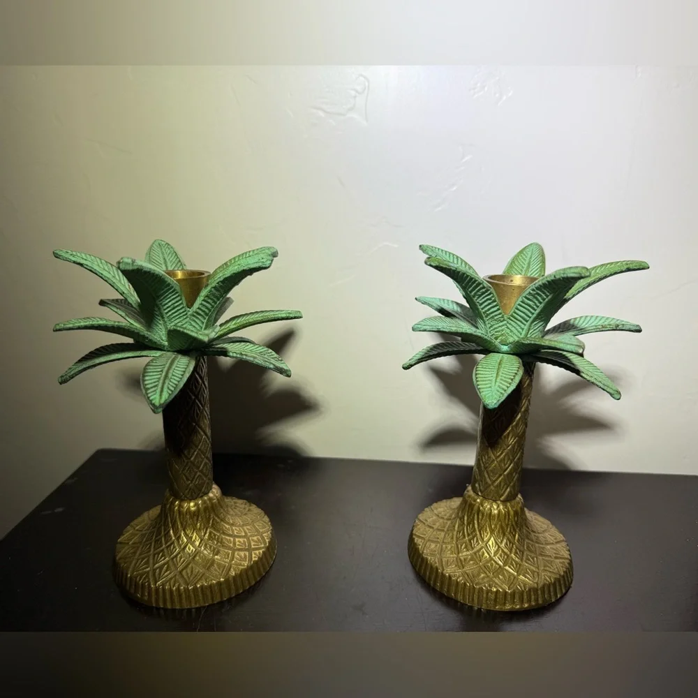 2 Vintage Brass‎ Palm Tree Taper Candle Stick Holders  Tropical Decor 6” H Green